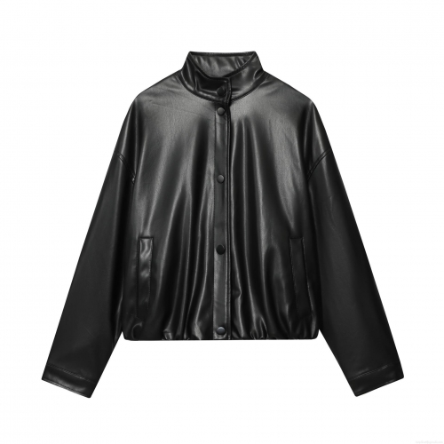 Women Faux PU Leather Bomber Jacket Loose Stand Collar Outerwear Long Sleeve Snap Button Casual Streetwear Solid Color Jacket Coat For Spring Autumn