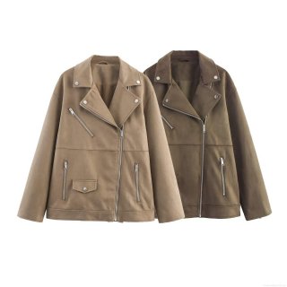 Women's Faux Suede Moto Jacket Streetwear Lapel Zipper Casual Long Sleeve Mid-Length Outerwear Coat Spring Autumn Fashion Outwear