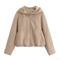 Women's Street Fashion Faux Suede Hooded Jacket Casual Loose Zipper Drawstring Outerwear Solid Color Long Sleeve Coat For Women