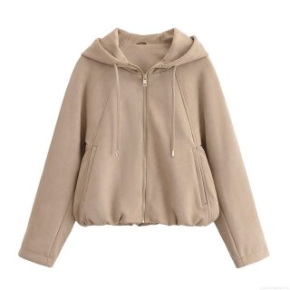 Women's Street Fashion Faux Suede Hooded Jacket Casual Loose Zipper Drawstring Outerwear Solid Color Long Sleeve Coat For Women