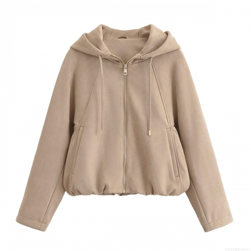 Women's Street Fashion Faux Suede Hooded Jacket Casual Loose Zipper Drawstring Outerwear Solid Color Long Sleeve Coat For Women
