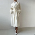 Women's Elegant Long Woolen Coat With Faux Fur Cuffs Belted Single Breasted Polyester Overcoat For Autumn Winter Fashion Streetwear