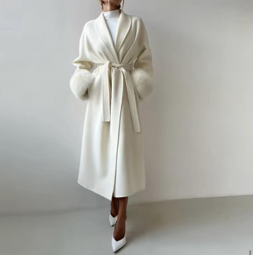 Women's Elegant Long Woolen Coat With Faux Fur Cuffs Belted Single Breasted Polyester Overcoat For Autumn Winter Fashion Streetwear