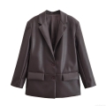 Women's Faux Leather Blazer Jacket Long Sleeve Lapel Button Front PU Leather Short Coat Elegant Casual Outerwear for Women