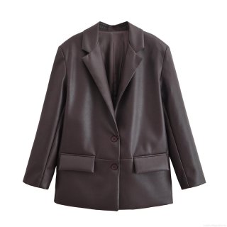Women's Faux Leather Blazer Jacket Long Sleeve Lapel Button Front PU Leather Short Coat Elegant Casual Outerwear for Women