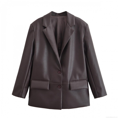 Women's Faux Leather Blazer Jacket Long Sleeve Lapel Button Front PU Leather Short Coat Elegant Casual Outerwear for Women