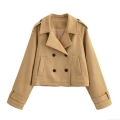 Women Fashion Short Faux Suede Double Breasted Jacket With Lapel Epaulettes Casual Solid Color Long Sleeve Cropped Trench Outerwear For Ladies