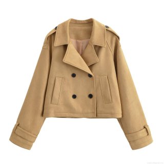 Women Fashion Short Faux Suede Double Breasted Jacket With Lapel Epaulettes Casual Solid Color Long Sleeve Cropped Trench Outerwear For Ladies