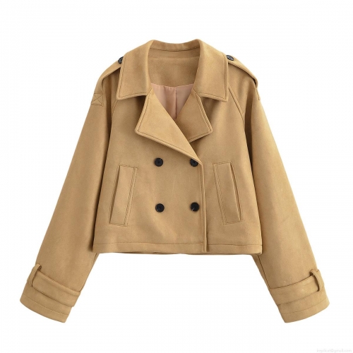 Women Fashion Short Faux Suede Double Breasted Jacket With Lapel Epaulettes Casual Solid Color Long Sleeve Cropped Trench Outerwear For Ladies
