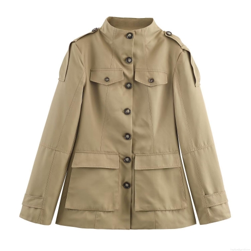 Women Fashion Khaki Stand Collar Safari Jacket With Waist Tie Belt Epaulettes Casual Long Sleeve Polyester Twill Outerwear For Lady Daily Office