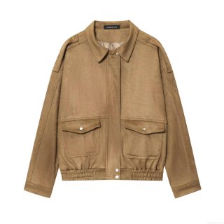 Women Loose Faux Suede Bomber Jacket Solid Color Retro Lapel Cargo Flight Coat With Epaulettes And Elastic Hem Streetwear Casual Outerwear For Ladies