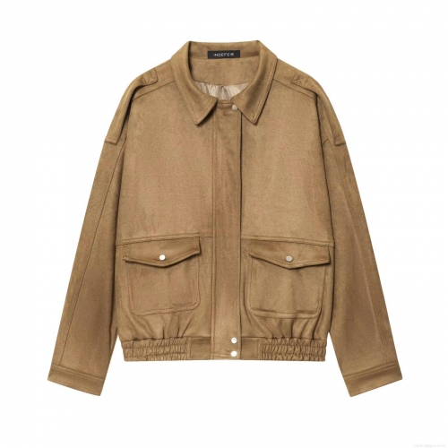 Women Loose Faux Suede Bomber Jacket Solid Color Retro Lapel Cargo Flight Coat With Epaulettes And Elastic Hem Streetwear Casual Outerwear For Ladies