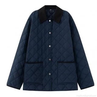 Women's Navy Blue Diamond Quilted Jacket With Corduroy Collar Vintage Casual Cotton Padded Coat Warm Outerwear With Metal Buttons For Autumn Winter