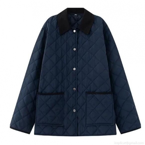 Women's Navy Blue Diamond Quilted Jacket With Corduroy Collar Vintage Casual Cotton Padded Coat Warm Outerwear With Metal Buttons For Autumn Winter