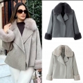 Women's Fashion Woolen Coat With Faux Fur Collar And Cuffs Elegant Long Sleeve Belted Overcoat For Autumn Winter Office Lady Casual Outwear