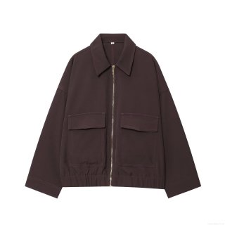 Women's Casual Polyester Jacket Lapel Collar Metal Zipper Dual Large Flap Pockets Loose Fit Streetwear Espresso Brown Long Sleeve Solid Color Outerwear With Elastic Hem