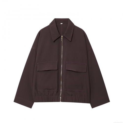 Women's Casual Polyester Jacket Lapel Collar Metal Zipper Dual Large Flap Pockets Loose Fit Streetwear Espresso Brown Long Sleeve Solid Color Outerwear With Elastic Hem