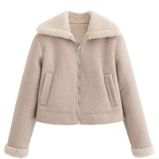 Women's Faux Shearling Jacket 100% Polyester Suede Sherpa Lined Lapel Collar Zip Up Short Aviator Coat Winter Warm Casual Daily Outerwear Solid Color Fashion Lady Jacket