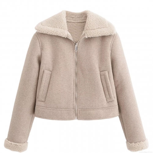 Women's Faux Shearling Jacket 100% Polyester Suede Sherpa Lined Lapel Collar Zip Up Short Aviator Coat Winter Warm Casual Daily Outerwear Solid Color Fashion Lady Jacket