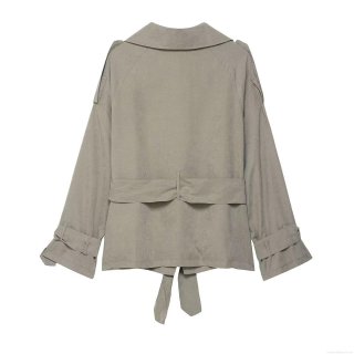 Women Faux Suede Short Trench Coat Jacket With Lapel Lace-up Waist Long Sleeve Elegant Casual Outerwear For Fall Spring Female Fashion Top