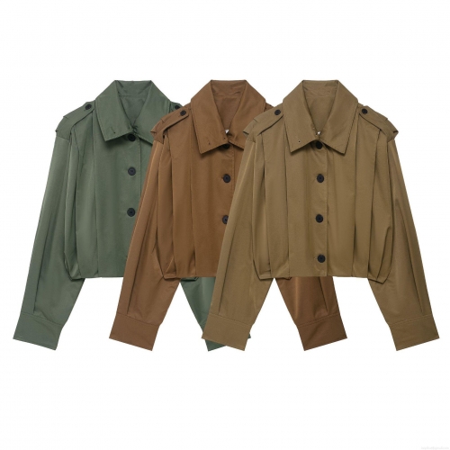 Women Cargo Style Short Jacket Turn-down Collar Long Sleeve Single Breasted Coat With Epaulets Pleated Solid Color Polyester Outerwear For Women