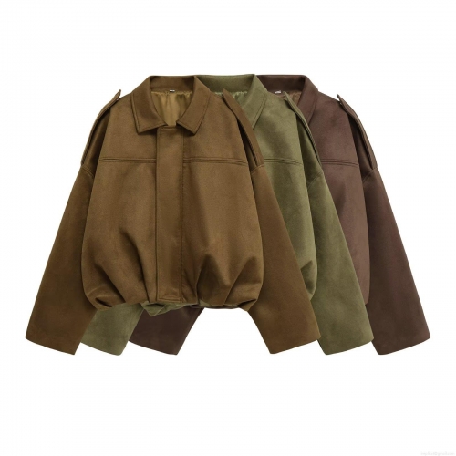 Women's Faux Suede Bomber Jacket Loose Fit Lapel Long Sleeve Zip Up Solid Color Casual Streetwear Coat Outwear for Autumn Winter