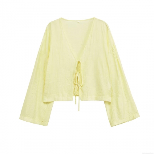 Women's Pleated Long Sleeve Jacket Cardigan Polyester V-Neck Front Tie Up Lightweight Solid Color Casual Fashion Blouse Top For Women Daily Dating