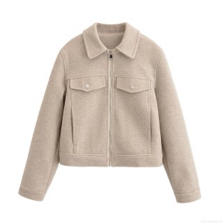 Women Classic Lapel Short Jacket Elegant Polyester Woolen Cropped Coat With Zipper Flap Pockets Solid Color Casual Outwear For Ladies Daily Wear