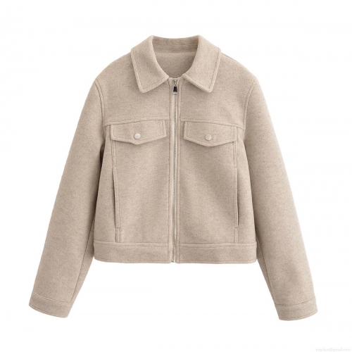 Women Classic Lapel Short Jacket Elegant Polyester Woolen Cropped Coat With Zipper Flap Pockets Solid Color Casual Outwear For Ladies Daily Wear