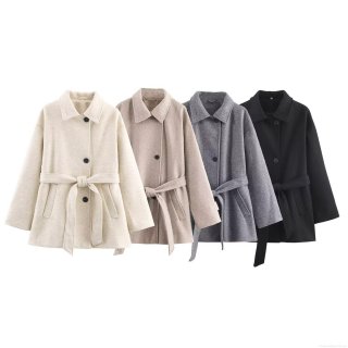 Women Mid-Length Woolen Like Coat Lapel Single Breasted Jacket With Belt Solid Color Soft Casual Commute Outerwear For Ladies