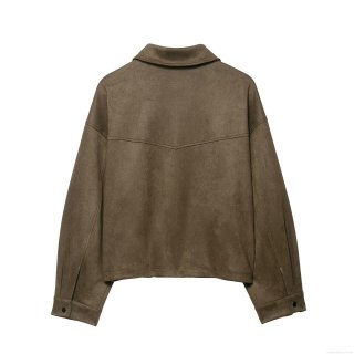 Women's Pilot Jacket Faux Suede 100% Polyester Solid Color Full Zip Stand Collar Casual Vintage Streetwear Short Coat With Large Flap Pockets