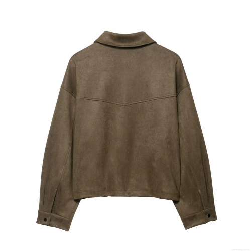 Women's Pilot Jacket Faux Suede 100% Polyester Solid Color Full Zip Stand Collar Casual Vintage Streetwear Short Coat With Large Flap Pockets