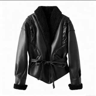 Women Vintage Faux Leather Shearling Jacket With Faux Fur Trim Belted Shoulder Lace-up Warm Winter Coat Fashion Streetwear Outwear