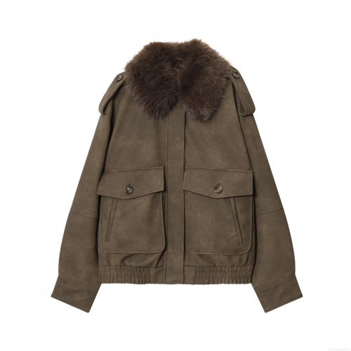 Women's Vintage Faux Leather Bomber Jacket With Detachable Faux Fur Collar Loose Casual Streetwear Zipper Outerwear Coat With Pockets
