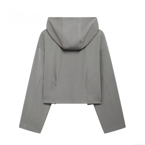 Women's Fashion Solid Color Polyester Short Hooded Jacket Casual Long Sleeve Zip Up Crop Hoodie Coat For Autumn Spring Lady Outerwear