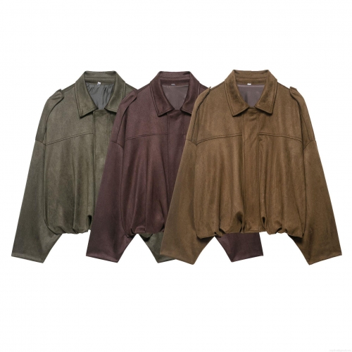 Women's Vintage Faux Suede Bomber Jacket Solid Color Lapel Zip Up Short Flight Coat With Epaulets Long Sleeve Casual Streetwear Outwear Polyester