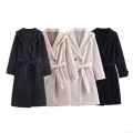 Women Long Hooded Woolen Coat Double Breasted Belted Trench Jacket Winter Warm Loose Overcoat Solid Color Outwear Elegant Casual Ladies Fashion Coat