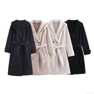 Women Long Hooded Woolen Coat Double Breasted Belted Trench Jacket Winter Warm Loose Overcoat Solid Color Outwear Elegant Casual Ladies Fashion Coat
