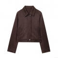 Women's Casual Suede Crop Jacket Solid Color Lapel Long Sleeve Outwear Streetwear Fashion Coffee Brown Short Coat With Pockets For Spring Autumn