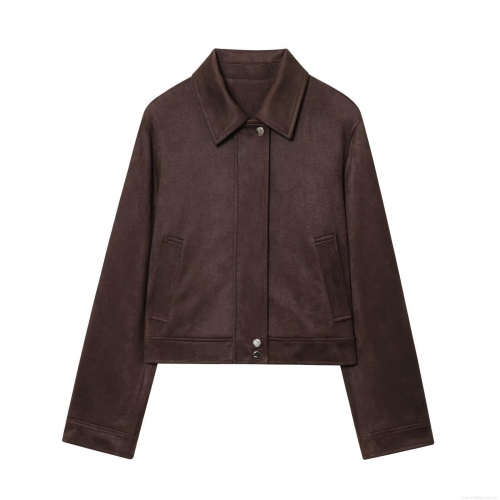 Women's Casual Suede Crop Jacket Solid Color Lapel Long Sleeve Outwear Streetwear Fashion Coffee Brown Short Coat With Pockets For Spring Autumn
