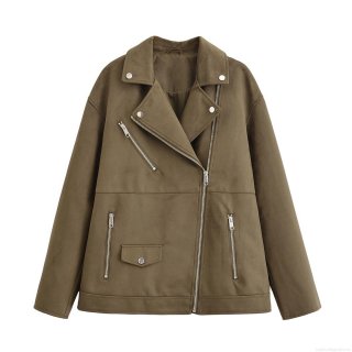 Women Street Fashion Suede Moto Jacket Zipper Lapel Long Sleeve Casual Biker Outwear With Pockets Solid Color Suede Fabric Jacket For Spring Autumn
