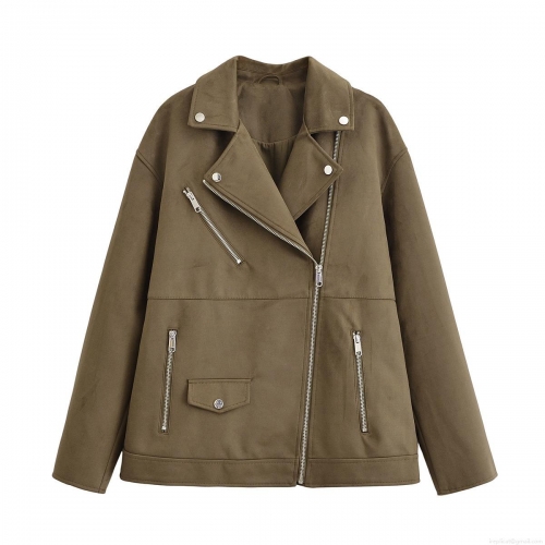 Women Street Fashion Suede Moto Jacket Zipper Lapel Long Sleeve Casual Biker Outwear With Pockets Solid Color Suede Fabric Jacket For Spring Autumn