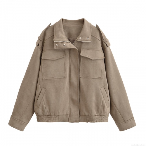 Women's Fashion Casual Faux Suede Jacket High Quality 100% Polyester Long Sleeve Zipper Coat With Pockets Shoulder Straps Solid Color Lapel Outerwear Women Spring Autumn