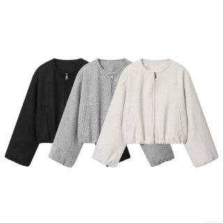 Women's Casual Short Bomber Jacket Soft Polyester Blend Round Neck Zipper Coat Fashion Solid Color Long Sleeve Outerwear For Fall Winter Loose Fit Streetwear