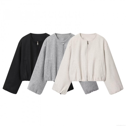 Women's Casual Short Bomber Jacket Soft Polyester Blend Round Neck Zipper Coat Fashion Solid Color Long Sleeve Outerwear For Fall Winter Loose Fit Streetwear