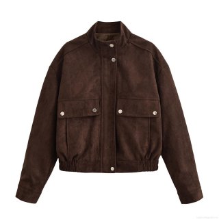 Women's Dark Brown Faux Suede Jacket Vintage Stand Collar Metal Snap Button Loose Long Sleeve Coat Casual Outerwear With Pockets