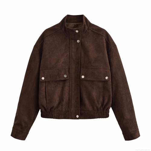 Women's Dark Brown Faux Suede Jacket Vintage Stand Collar Metal Snap Button Loose Long Sleeve Coat Casual Outerwear With Pockets