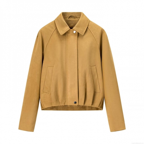 Women's Fashion Solid Color Suede Effect Bomber Jacket Casual Lapel Zip Up Long Sleeve Coat Streetwear Outwear For Women