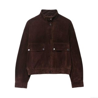 Women's Suede Pilot Jacket Faux Leather Bomber Outerwear Stand Collar With Metal Snaps Large Pockets Elastic Hem Solid Color Casual Streetwear Long Sleeve Jacket