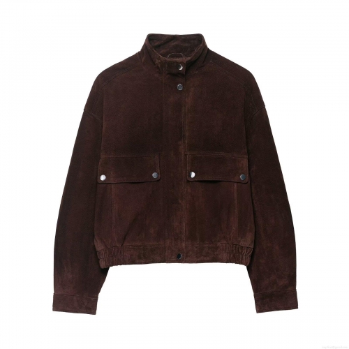 Women's Suede Pilot Jacket Faux Leather Bomber Outerwear Stand Collar With Metal Snaps Large Pockets Elastic Hem Solid Color Casual Streetwear Long Sleeve Jacket